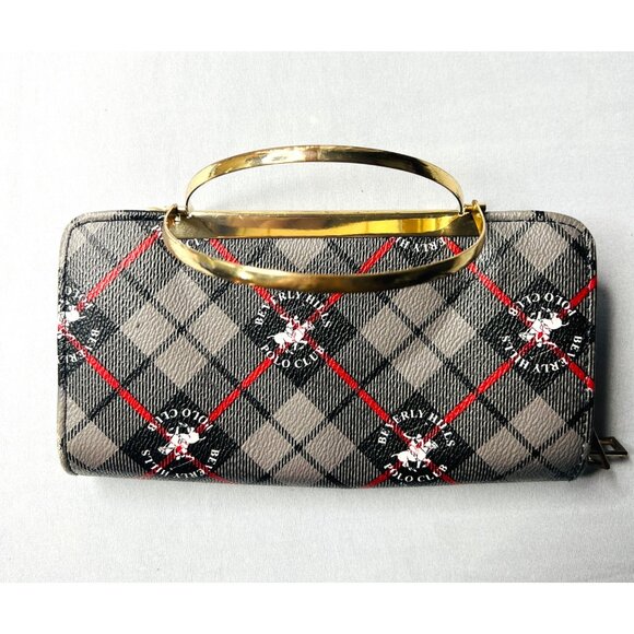 Beverly Hills Polo Club Womens Wallet Clutch With Gold Plated Handle & Plaid Des - Picture 2 of 8